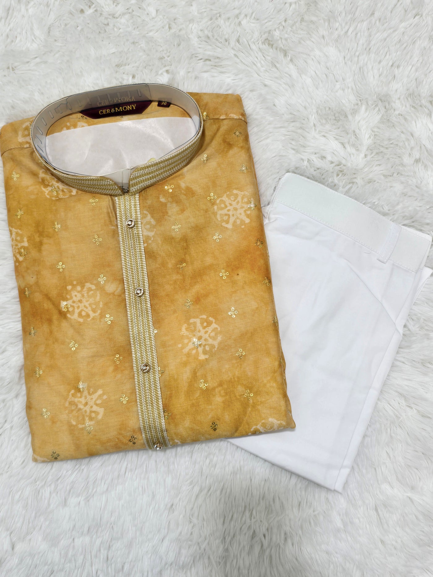 Men’s Mustard Yellow Printed Kurta with White Pajama Set