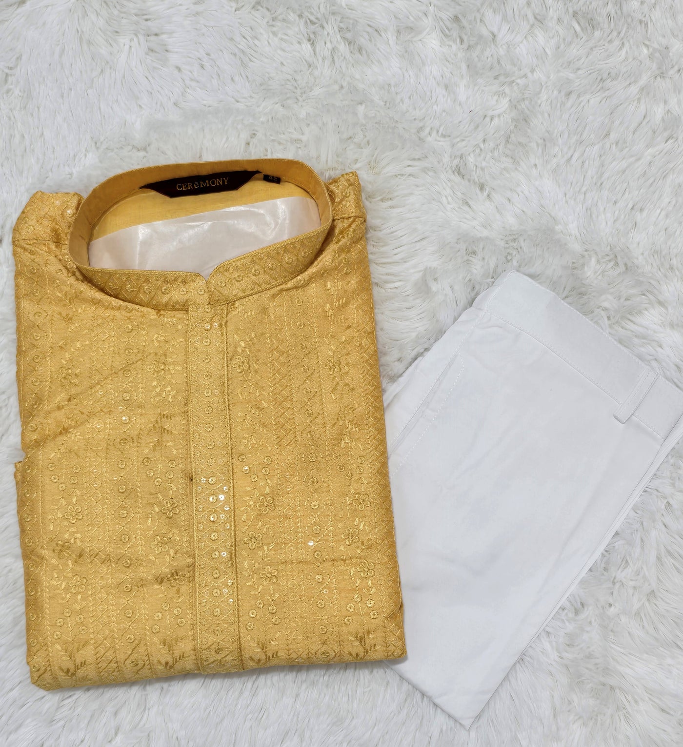 Men’s Mustard Yellow Self-Textured Kurta with White Pajama Set