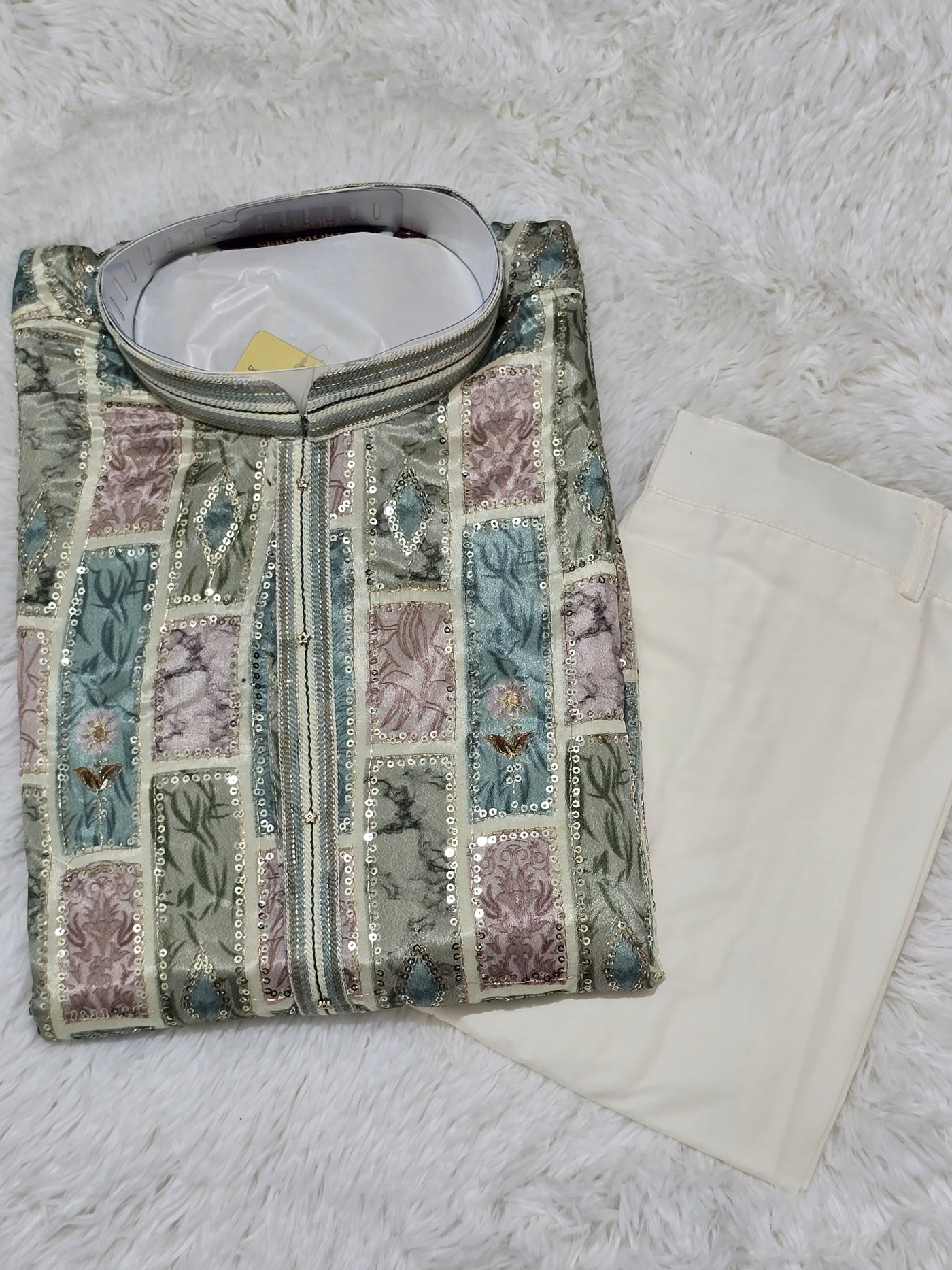 Men’s Multicolor Patchwork Embroidered Kurta with White Pajama Set