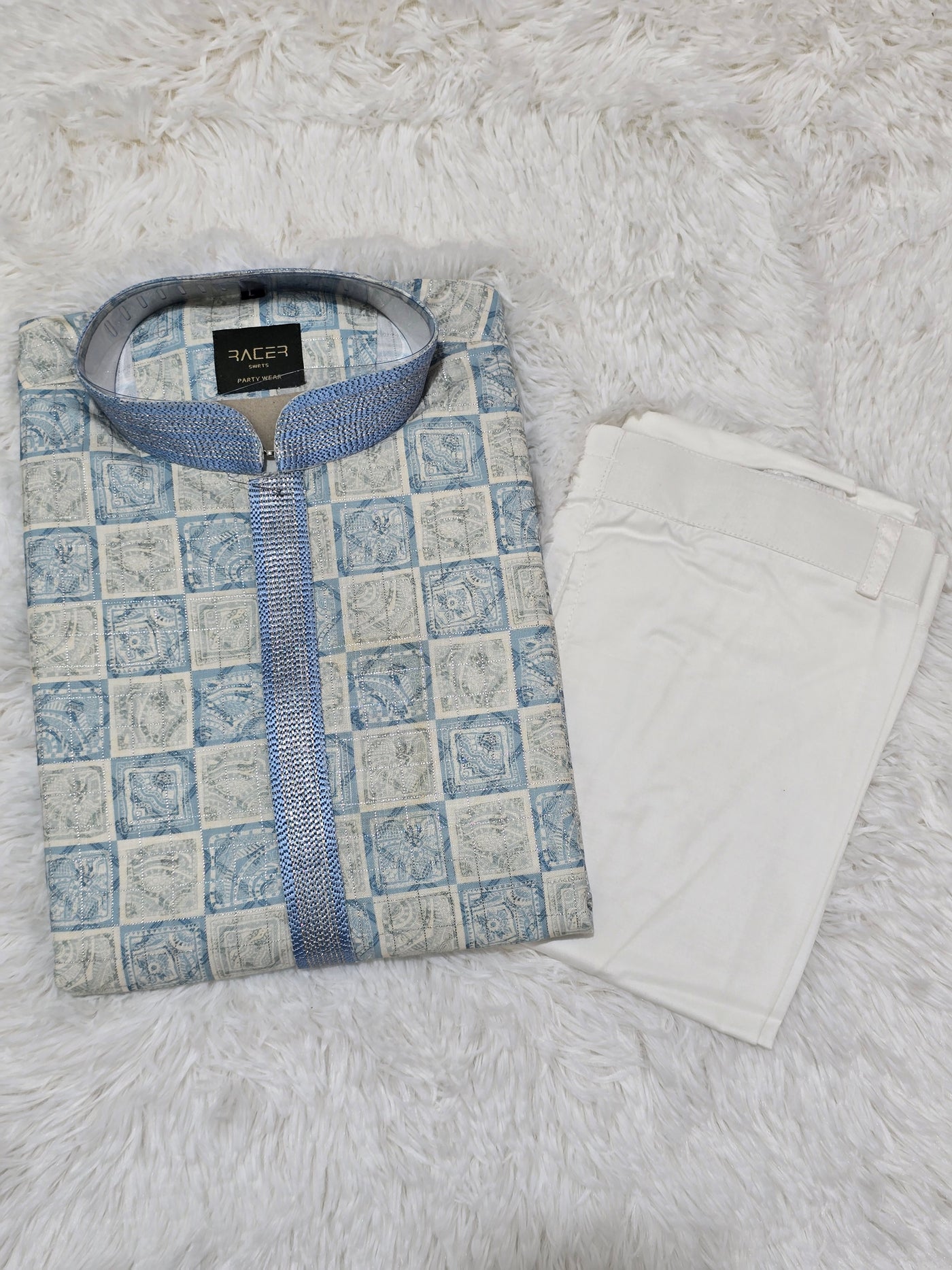 Men’s Blue Block Print Style Kurta with White Pajama Set