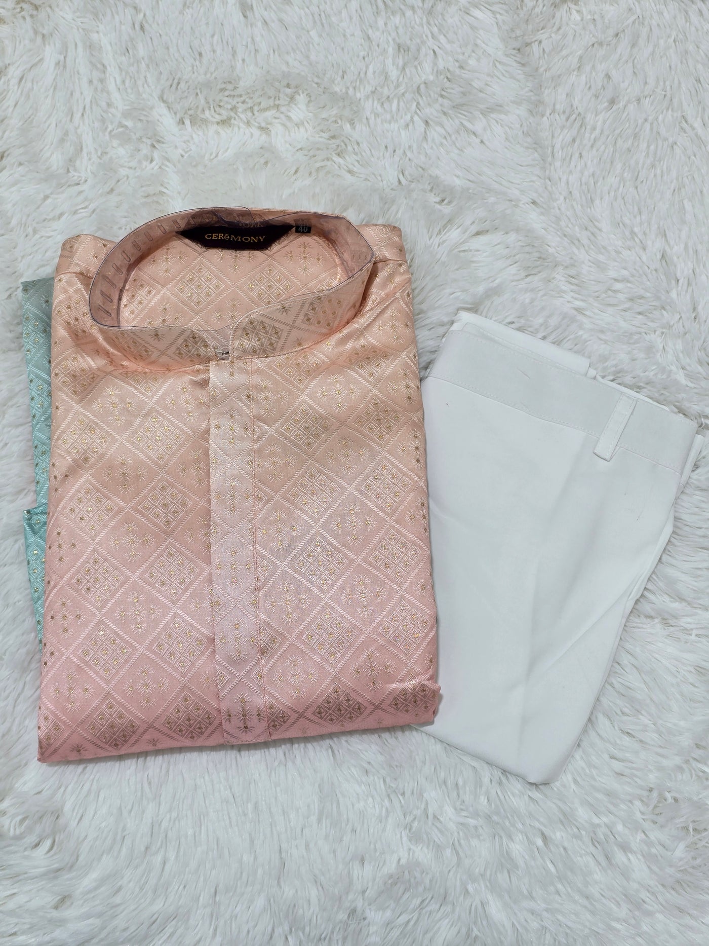 Men’s Dual-Tone Peach & Blue Diamond-Pattern Kurta with White Pajama Set