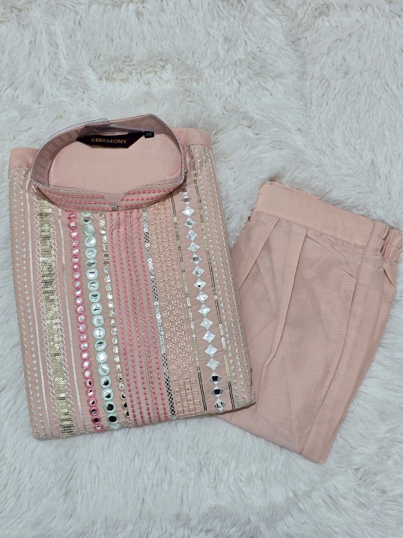 Men’s Pink Mirror Work Kurta with Matching Pajama Set