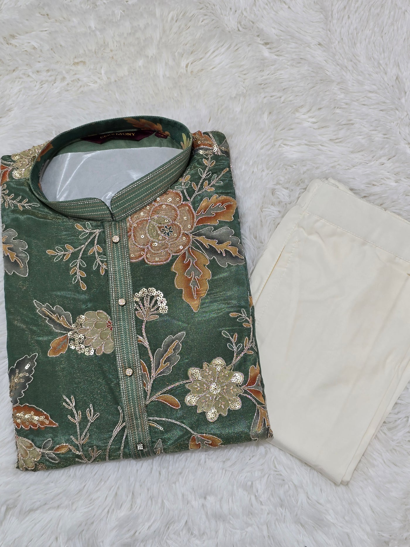 Men’s Green Floral Embroidered Kurta with White Pajama