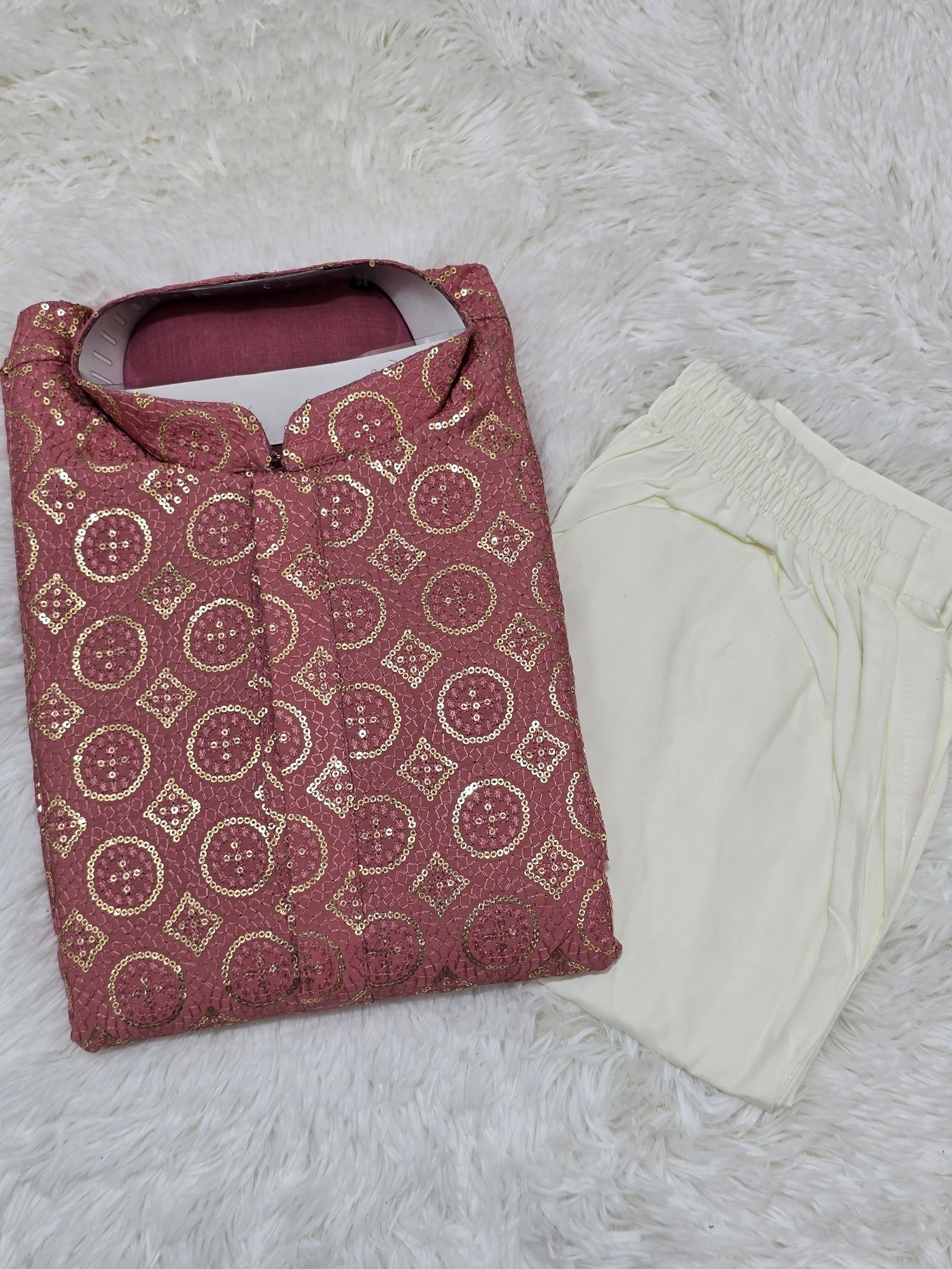 Men’s Sandy Pink Sequin Embroidered Kurta with White Pajama Set