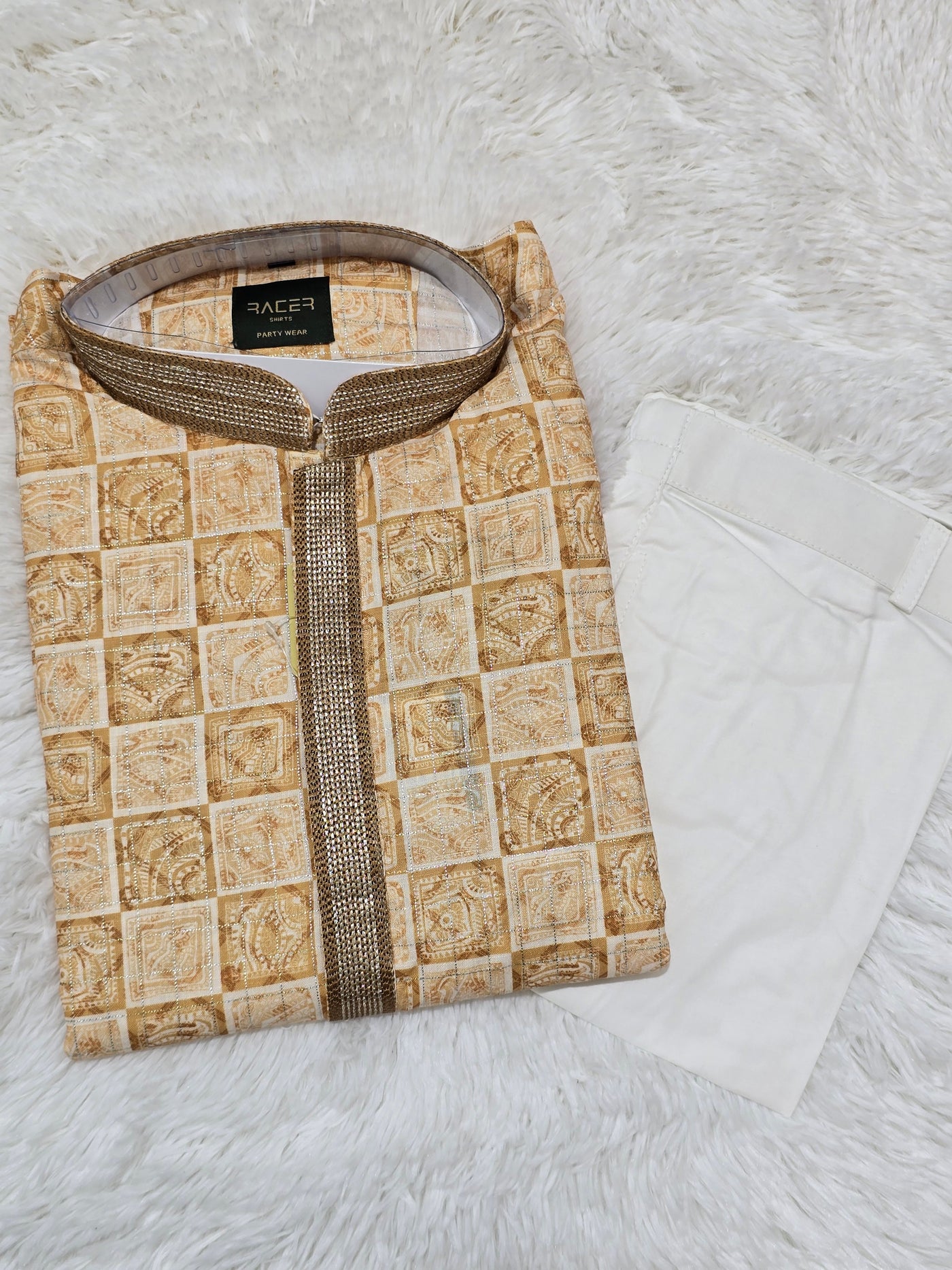 Men’s Golden Block Print Style Kurta with White Pajama Set