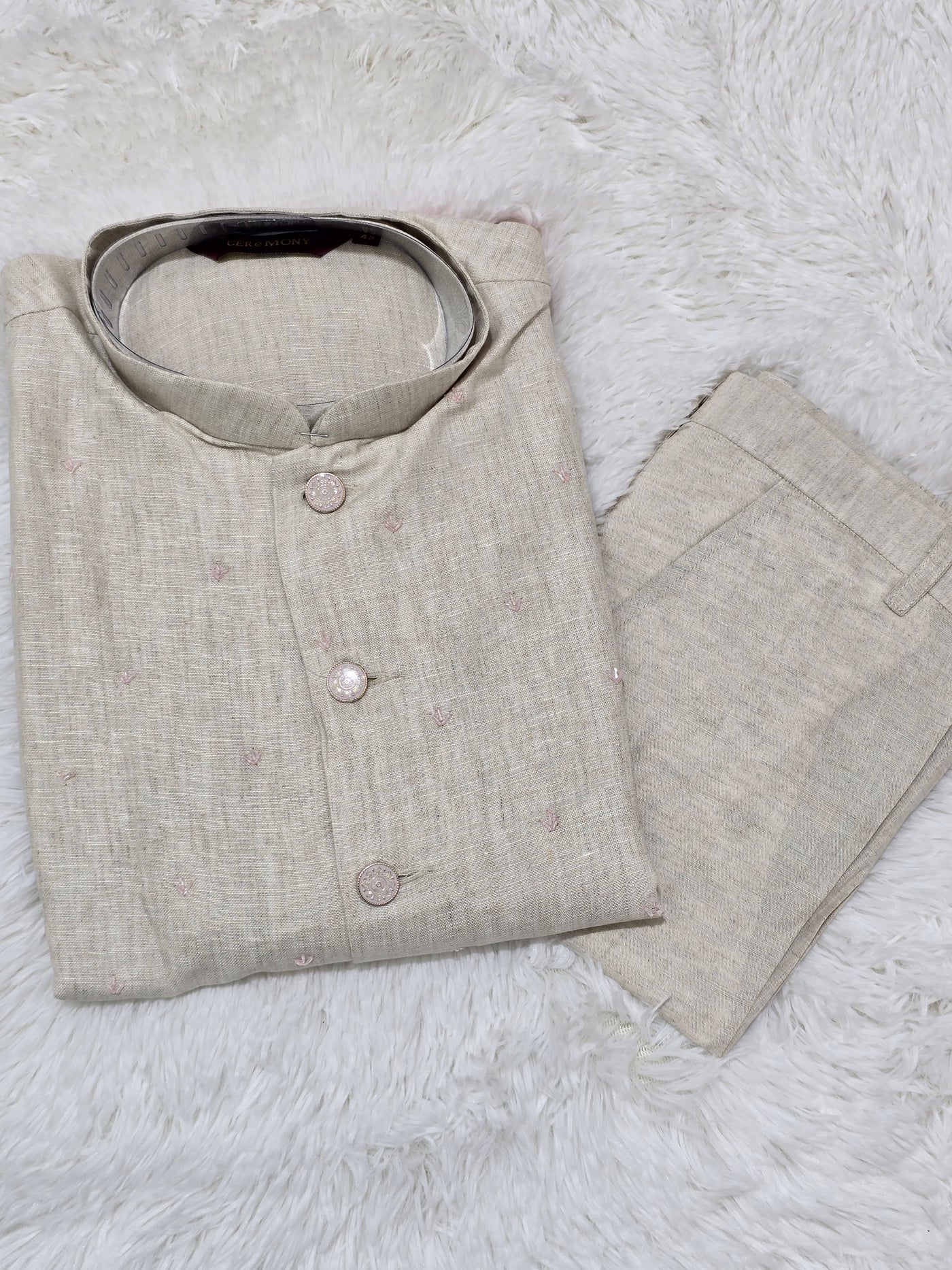 Men’s Beige Coat Style Kurta Pajama with Floral Paint & Bead Work