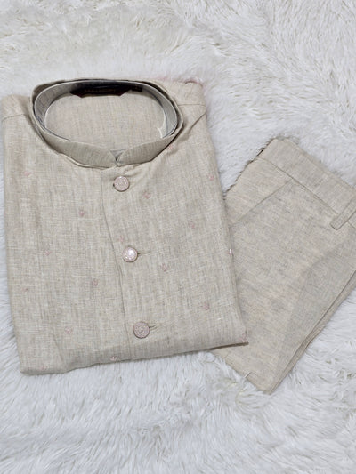 Men’s Beige Coat Style Kurta Pajama with Floral Paint & Bead Work