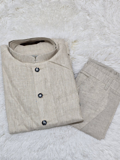 Men’s Beige Coat Style Kurta Pajama with Floral & Bead Work