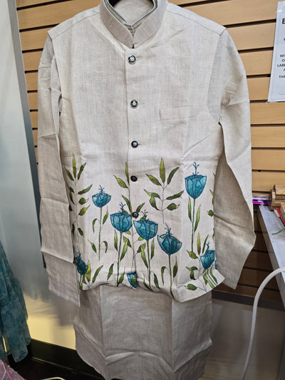 Men’s Beige Coat Style Kurta Pajama with Floral & Bead Work