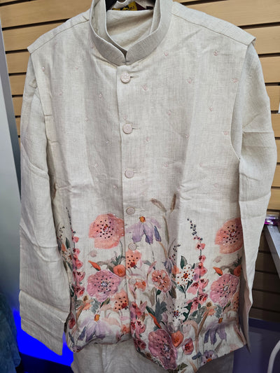Men’s Beige Coat Style Kurta Pajama with Floral Paint & Bead Work