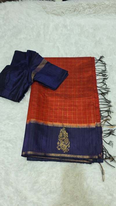 Khadi Silk Saree – Red with Navy Blue Border & Golden Zari Work, Handwoven Traditional Indian Saree with Matching Blouse