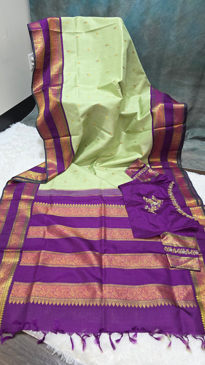 Light Green & Purple Kanchipattu Saree with Rich Zari Border and Embroidered Blouse