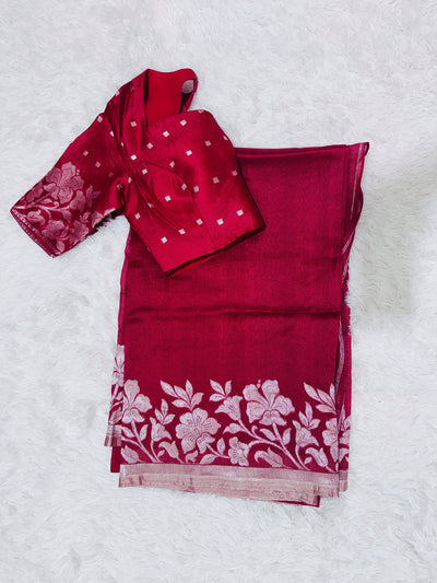 Banarasi Kora Silk Saree – Maroon with Silver Floral Zari Border & Pallu, Elegant Handwoven Saree with Matching Blouse
