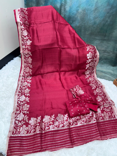 Banarasi Kora Silk Saree – Maroon with Silver Floral Zari Border & Pallu, Elegant Handwoven Saree with Matching Blouse