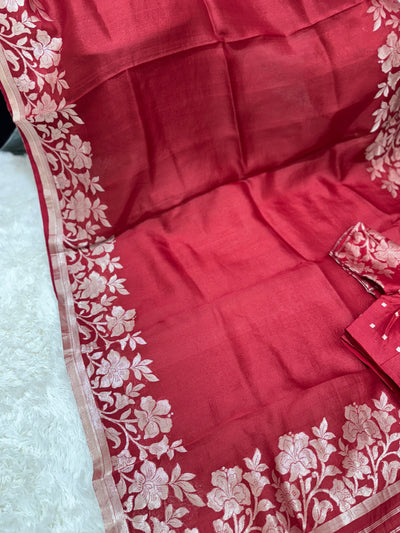 Banarasi Kora Silk Saree – Maroon with Silver Floral Zari Border & Pallu, Elegant Handwoven Saree with Matching Blouse
