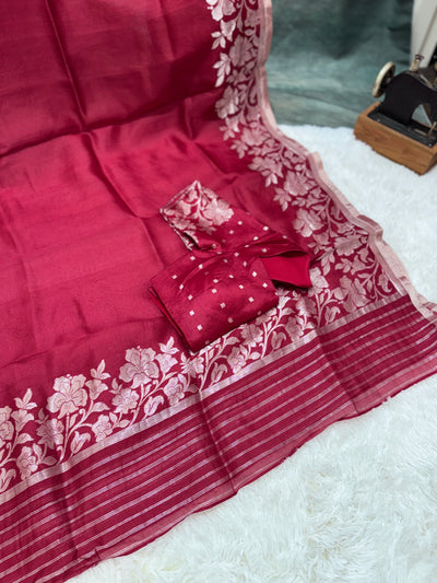 Banarasi Kora Silk Saree – Maroon with Silver Floral Zari Border & Pallu, Elegant Handwoven Saree with Matching Blouse
