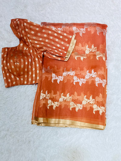 Banarasi Kora Silk Saree – Burnt Orange with Gold Zari Border & Floral Butta Work, Elegant Party Wear Saree with Matching Blouse