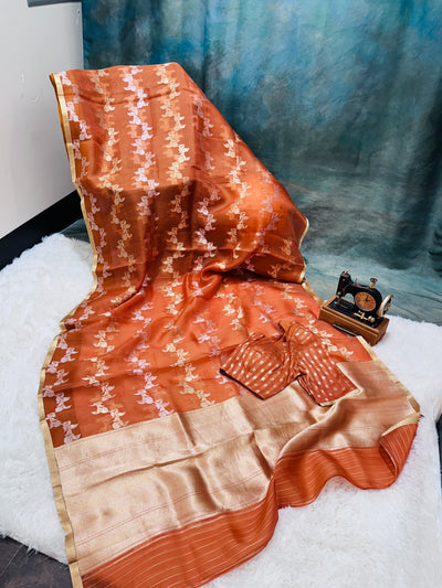 Banarasi Kora Silk Saree – Burnt Orange with Gold Zari Border & Floral Butta Work, Elegant Party Wear Saree with Matching Blouse