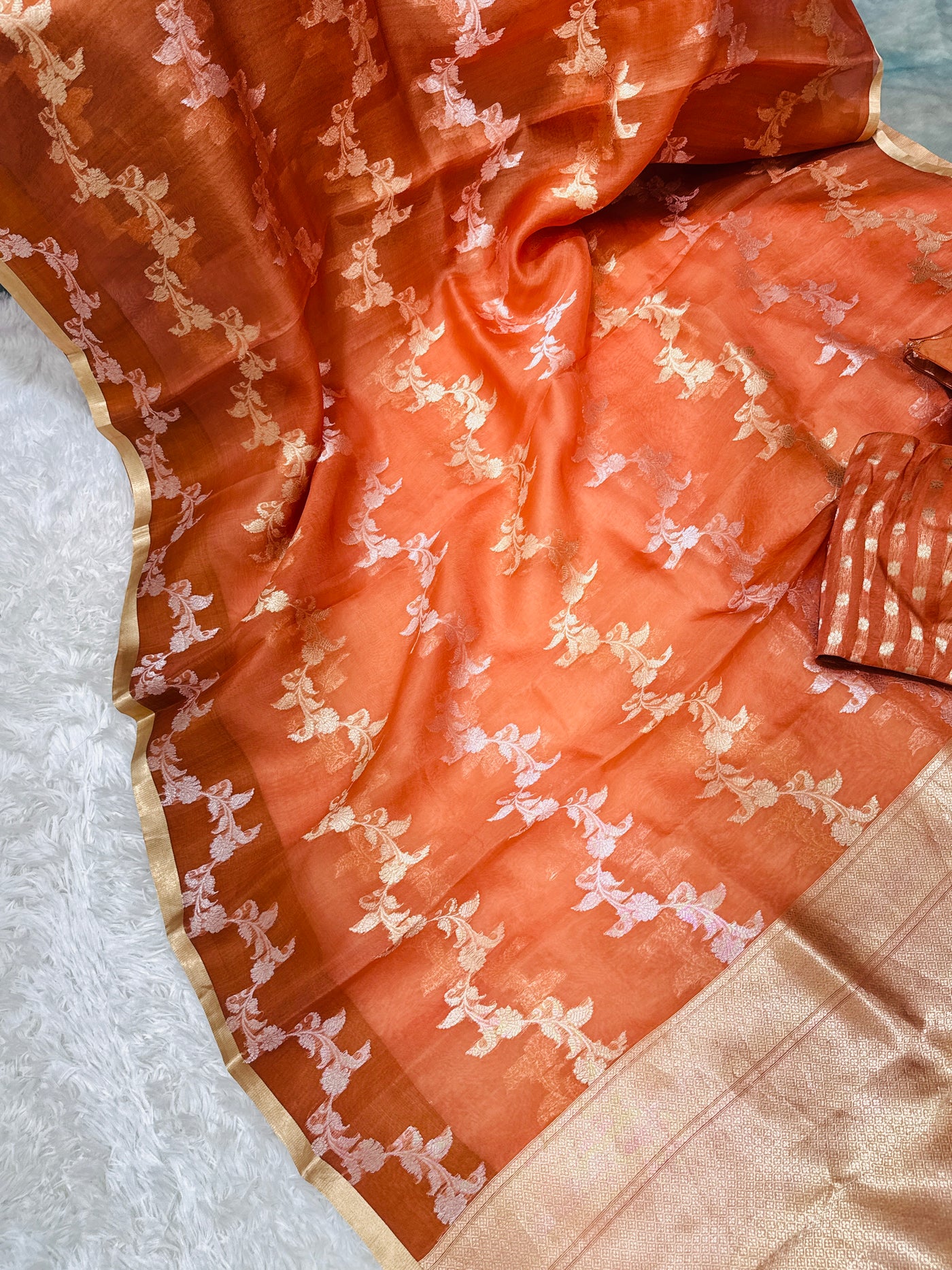 Banarasi Kora Silk Saree – Burnt Orange with Gold Zari Border & Floral Butta Work, Elegant Party Wear Saree with Matching Blouse