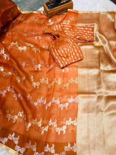 Banarasi Kora Silk Saree – Burnt Orange with Gold Zari Border & Floral Butta Work, Elegant Party Wear Saree with Matching Blouse