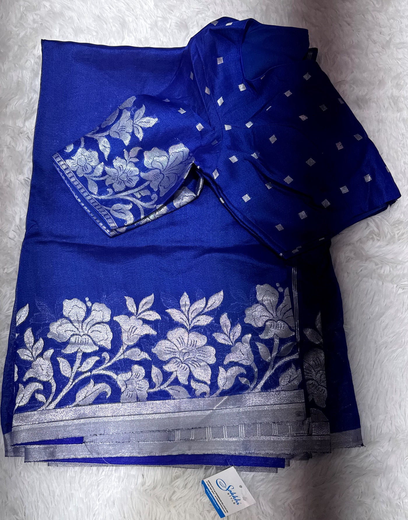 Royal Blue Banarasi Kora Silk Saree with Silver Floral Border & Matching Blouse