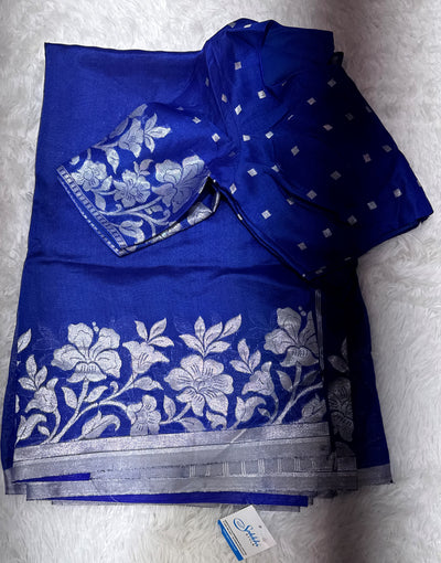 Royal Blue Banarasi Kora Silk Saree with Silver Floral Border & Matching Blouse