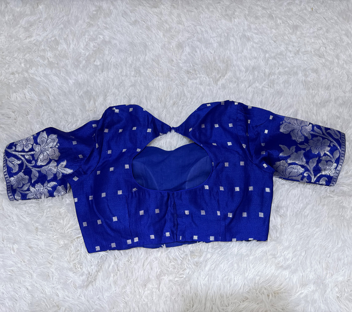 Royal Blue Banarasi Kora Silk Saree with Silver Floral Border & Matching Blouse