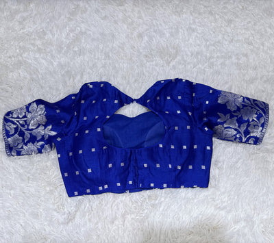 Royal Blue Banarasi Kora Silk Saree with Silver Floral Border & Matching Blouse