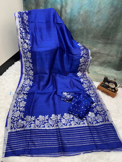 Royal Blue Banarasi Kora Silk Saree with Silver Floral Border & Matching Blouse
