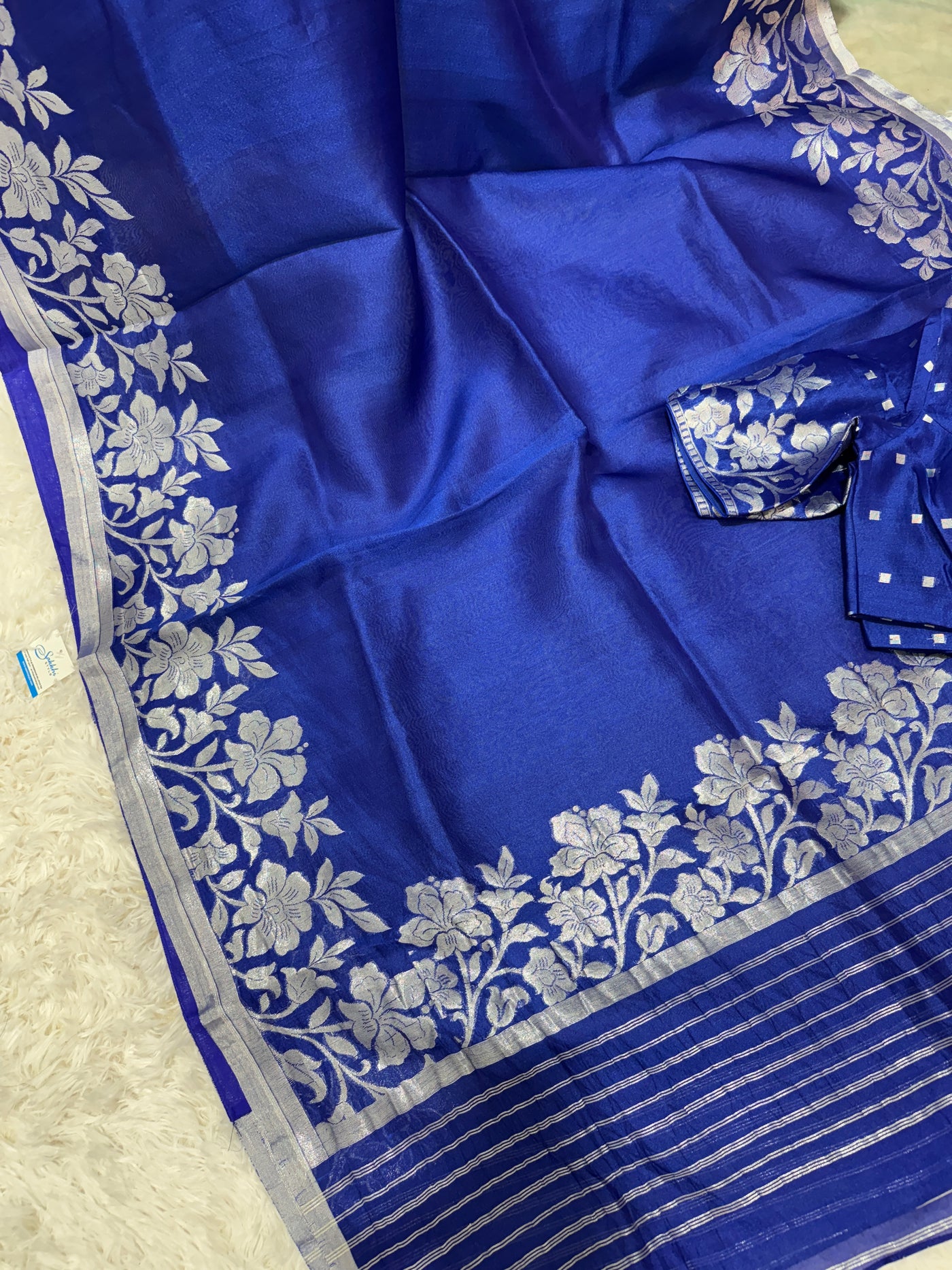 Royal Blue Banarasi Kora Silk Saree with Silver Floral Border & Matching Blouse