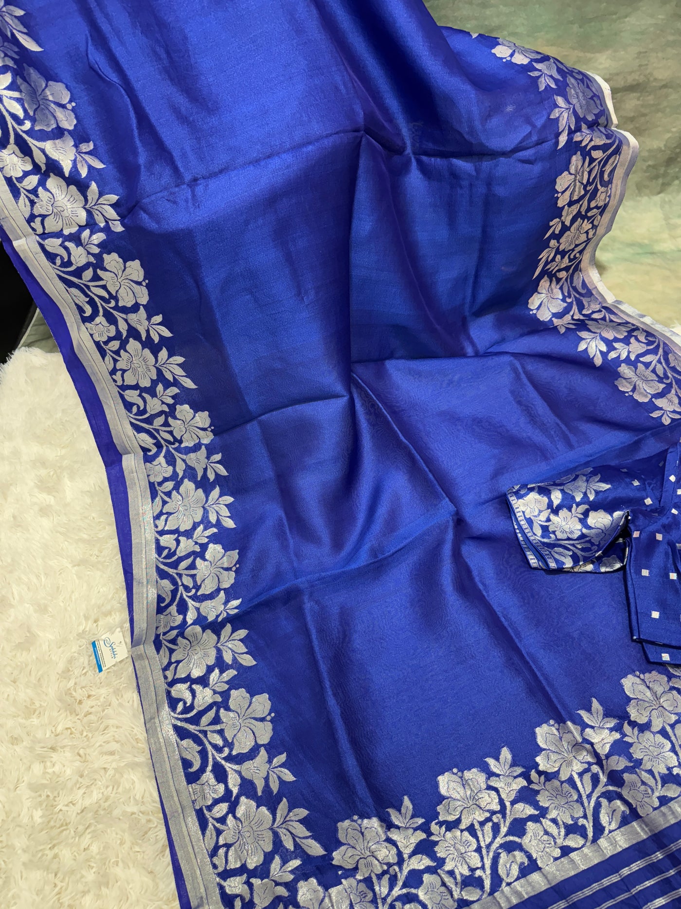 Royal Blue Banarasi Kora Silk Saree with Silver Floral Border & Matching Blouse