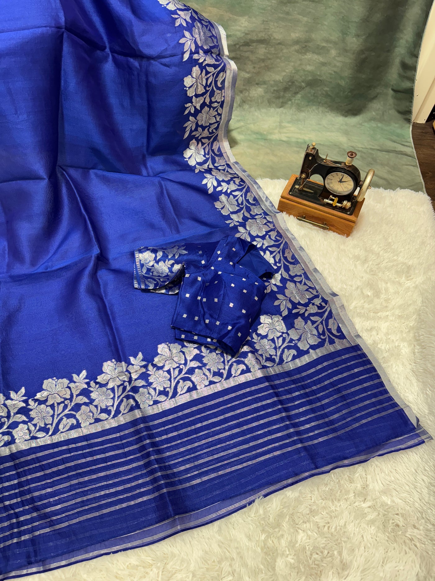Royal Blue Banarasi Kora Silk Saree with Silver Floral Border & Matching Blouse