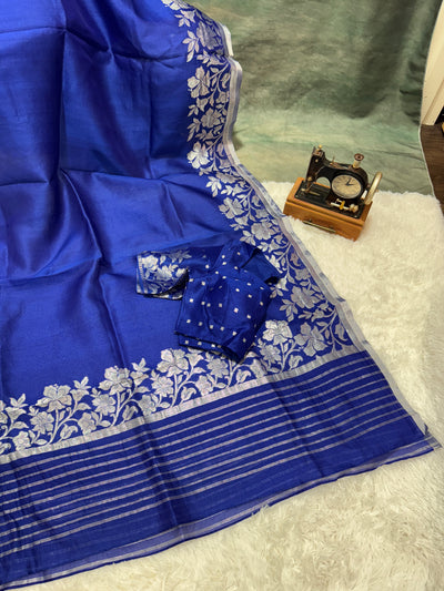 Royal Blue Banarasi Kora Silk Saree with Silver Floral Border & Matching Blouse