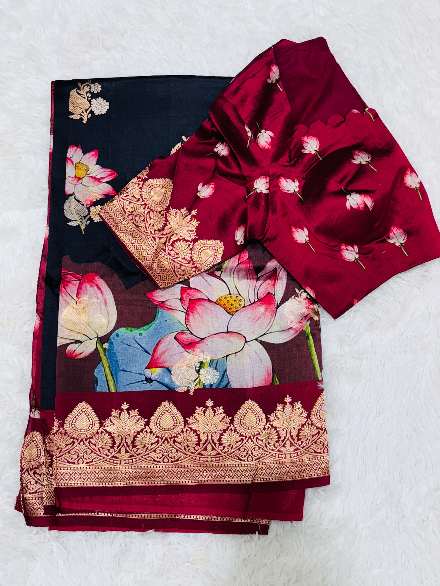 Banarasi Silk Saree – Black with Maroon Border, Lotus Floral Digital Print & Golden Zari Work, with Matching Blouse