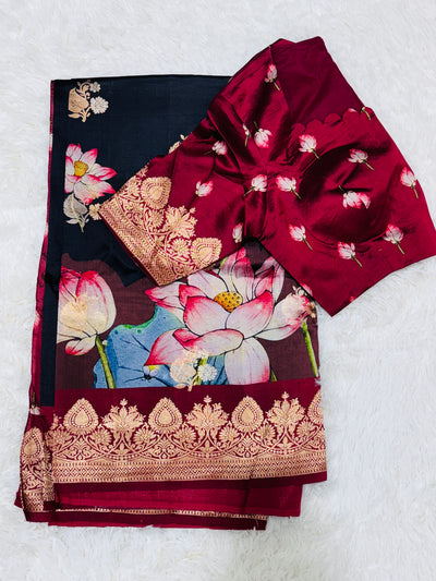 Banarasi Silk Saree – Black with Maroon Border, Lotus Floral Digital Print & Golden Zari Work, with Matching Blouse