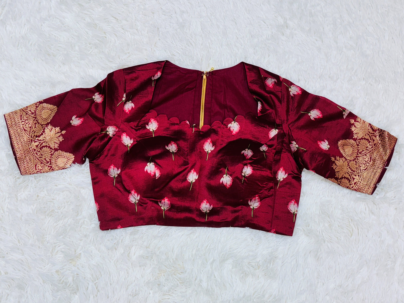 Banarasi Silk Saree – Black with Maroon Border, Lotus Floral Digital Print & Golden Zari Work, with Matching Blouse