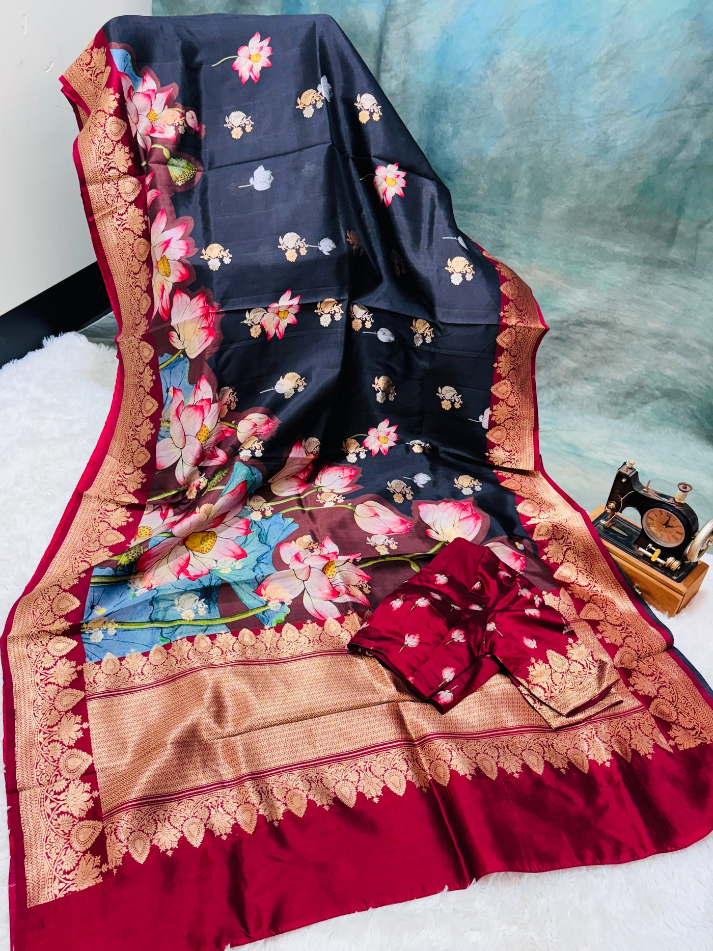 Banarasi Silk Saree – Black with Maroon Border, Lotus Floral Digital Print & Golden Zari Work, with Matching Blouse