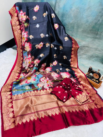 Banarasi Silk Saree – Black with Maroon Border, Lotus Floral Digital Print & Golden Zari Work, with Matching Blouse