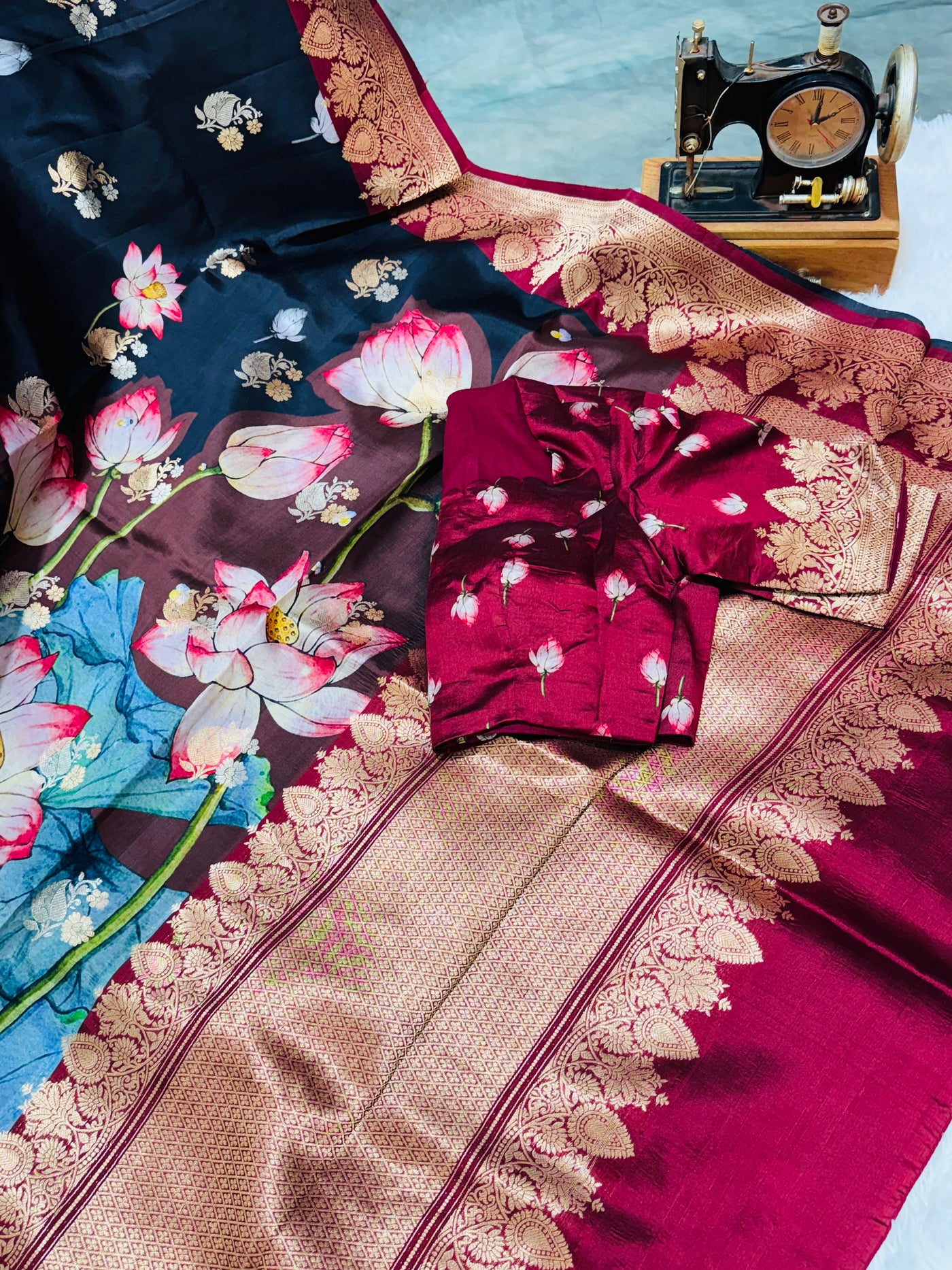 Banarasi Silk Saree – Black with Maroon Border, Lotus Floral Digital Print & Golden Zari Work, with Matching Blouse