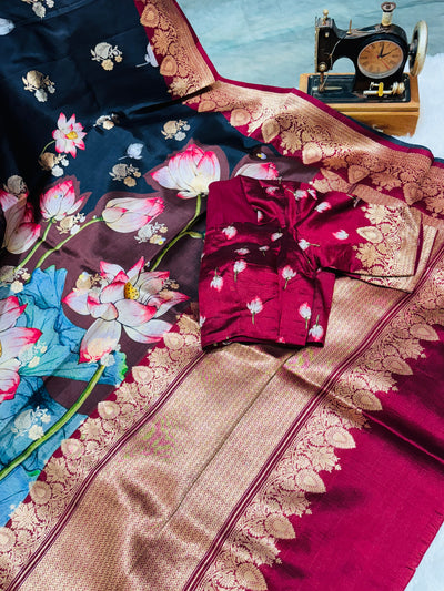 Banarasi Silk Saree – Black with Maroon Border, Lotus Floral Digital Print & Golden Zari Work, with Matching Blouse