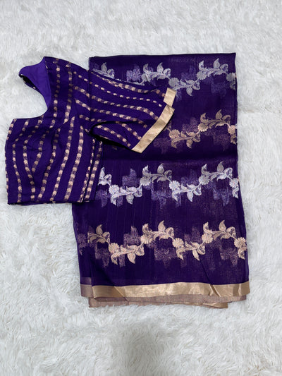 Banarasi Kora Silk Saree – Royal Purple with Gold Zari Border & Floral Weaves, Elegant Traditional Saree with Matching Striped Blouse