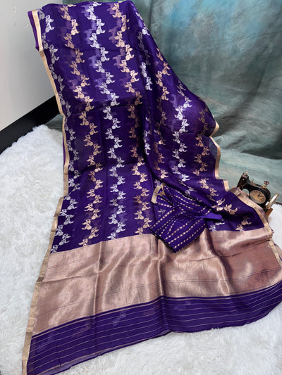 Banarasi Kora Silk Saree – Royal Purple with Gold Zari Border & Floral Weaves, Elegant Traditional Saree with Matching Striped Blouse