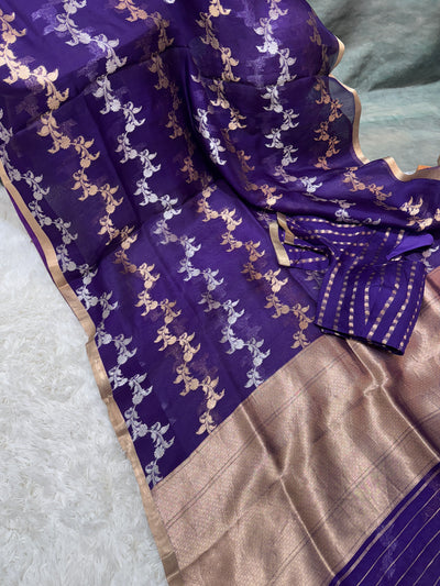Banarasi Kora Silk Saree – Royal Purple with Gold Zari Border & Floral Weaves, Elegant Traditional Saree with Matching Striped Blouse