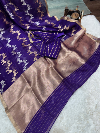 Banarasi Kora Silk Saree – Royal Purple with Gold Zari Border & Floral Weaves, Elegant Traditional Saree with Matching Striped Blouse