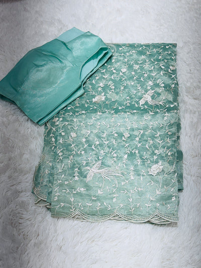 Pastel Green Tissue Organza Saree with White Thread Embroidery & Scallop Border – Paired with Matching Blouse