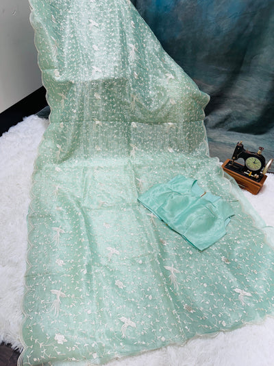 Pastel Green Tissue Organza Saree with White Thread Embroidery & Scallop Border – Paired with Matching Blouse