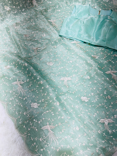 Pastel Green Tissue Organza Saree with White Thread Embroidery & Scallop Border – Paired with Matching Blouse