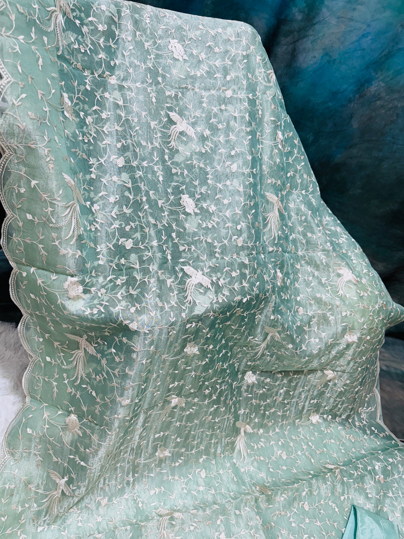 Pastel Green Tissue Organza Saree with White Thread Embroidery & Scallop Border – Paired with Matching Blouse