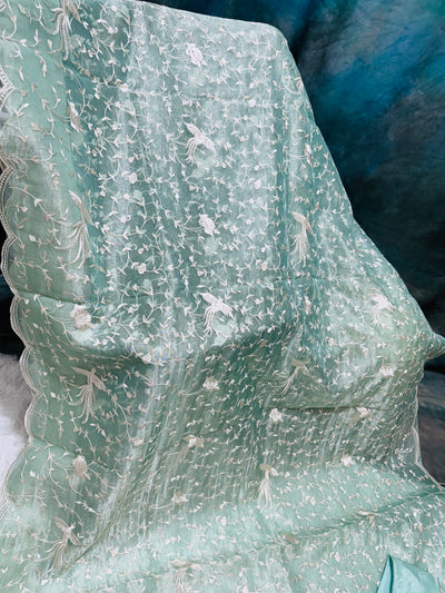 Pastel Green Tissue Organza Saree with White Thread Embroidery & Scallop Border – Paired with Matching Blouse