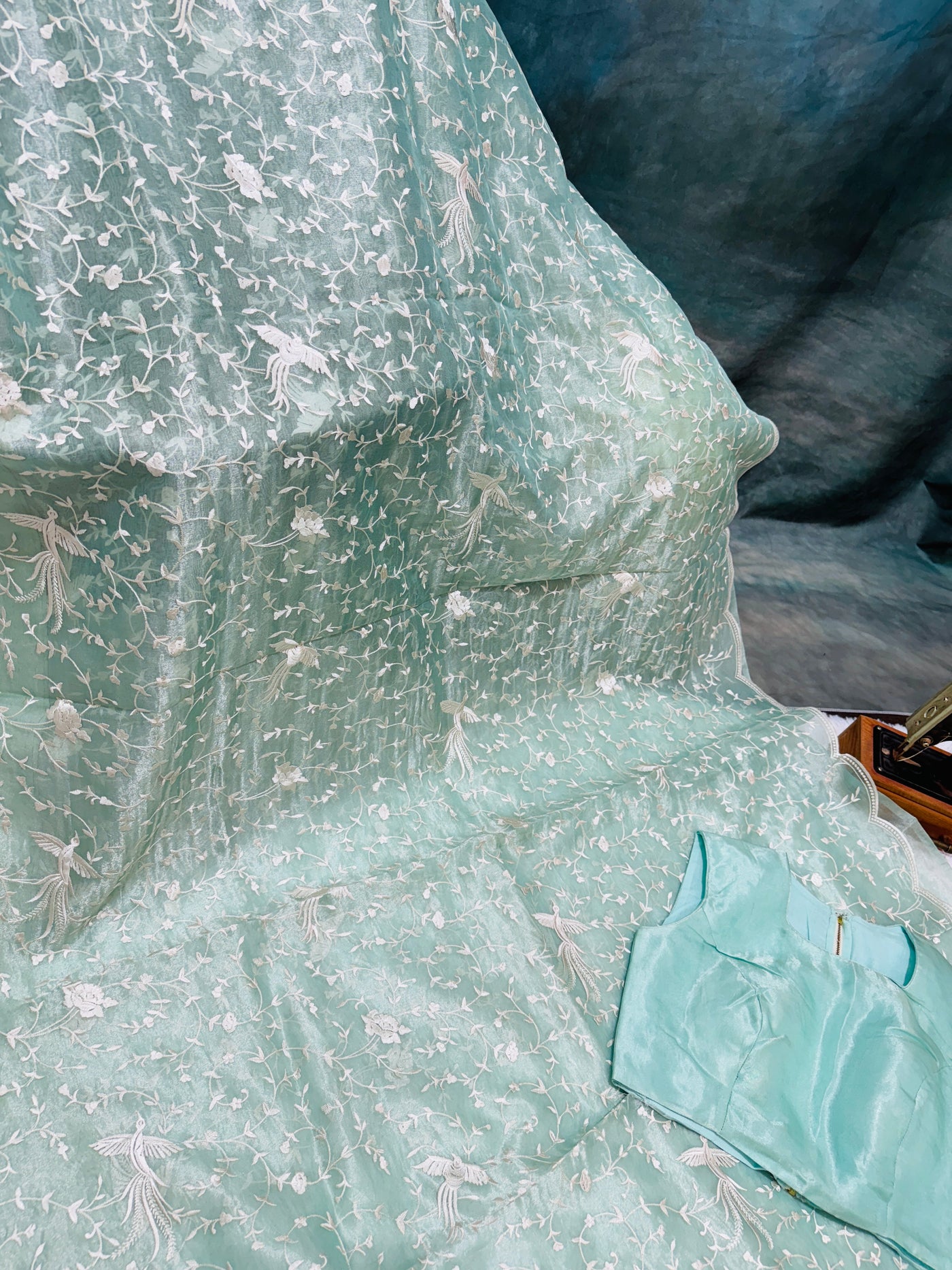 Pastel Green Tissue Organza Saree with White Thread Embroidery & Scallop Border – Paired with Matching Blouse